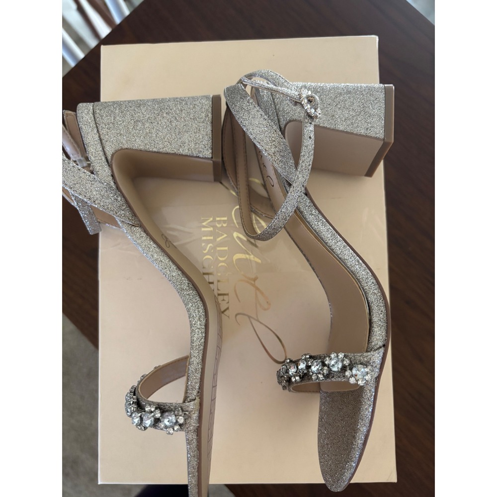 Jewel Badgley Mischka Glitter Block Heel Sandals Crystal Embellished Size 6.5 - Picture 5 of 6